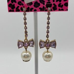 Betsey Johnson Earrings Crystal Bow Dangle Cup Chain Faux Pearl
